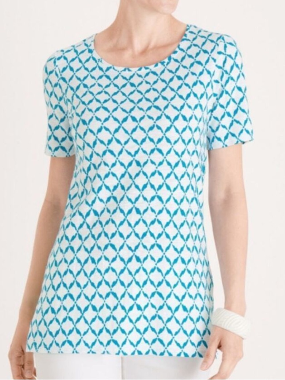 Chico's White Tee with Teal Lattice Print